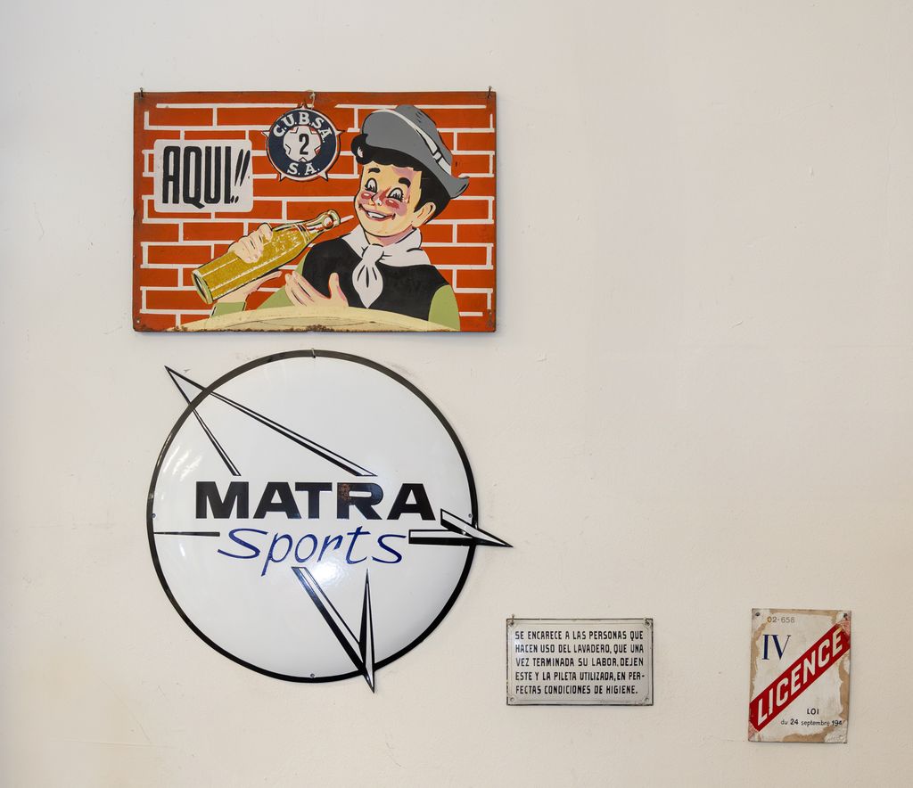 Four various enamel signs, including one from Matra Sports, modern ...