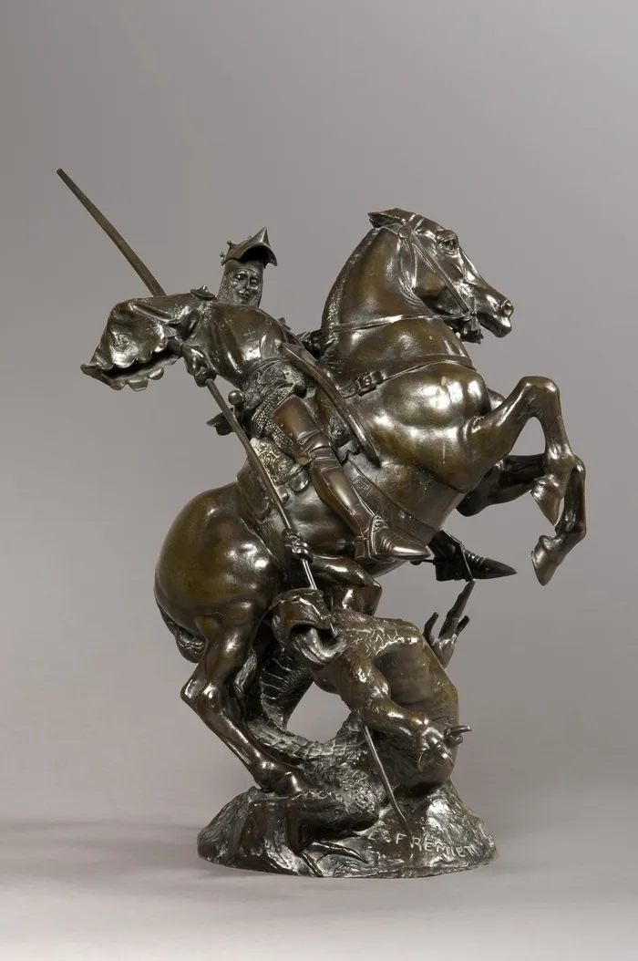 Saint Georges à Cheval Terrassant Le Dragon – Sculpture Façon Bronze – Statue Résine