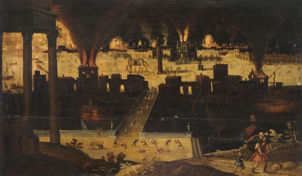 Enée et Anchise fuyant la ville de Troie en flamme