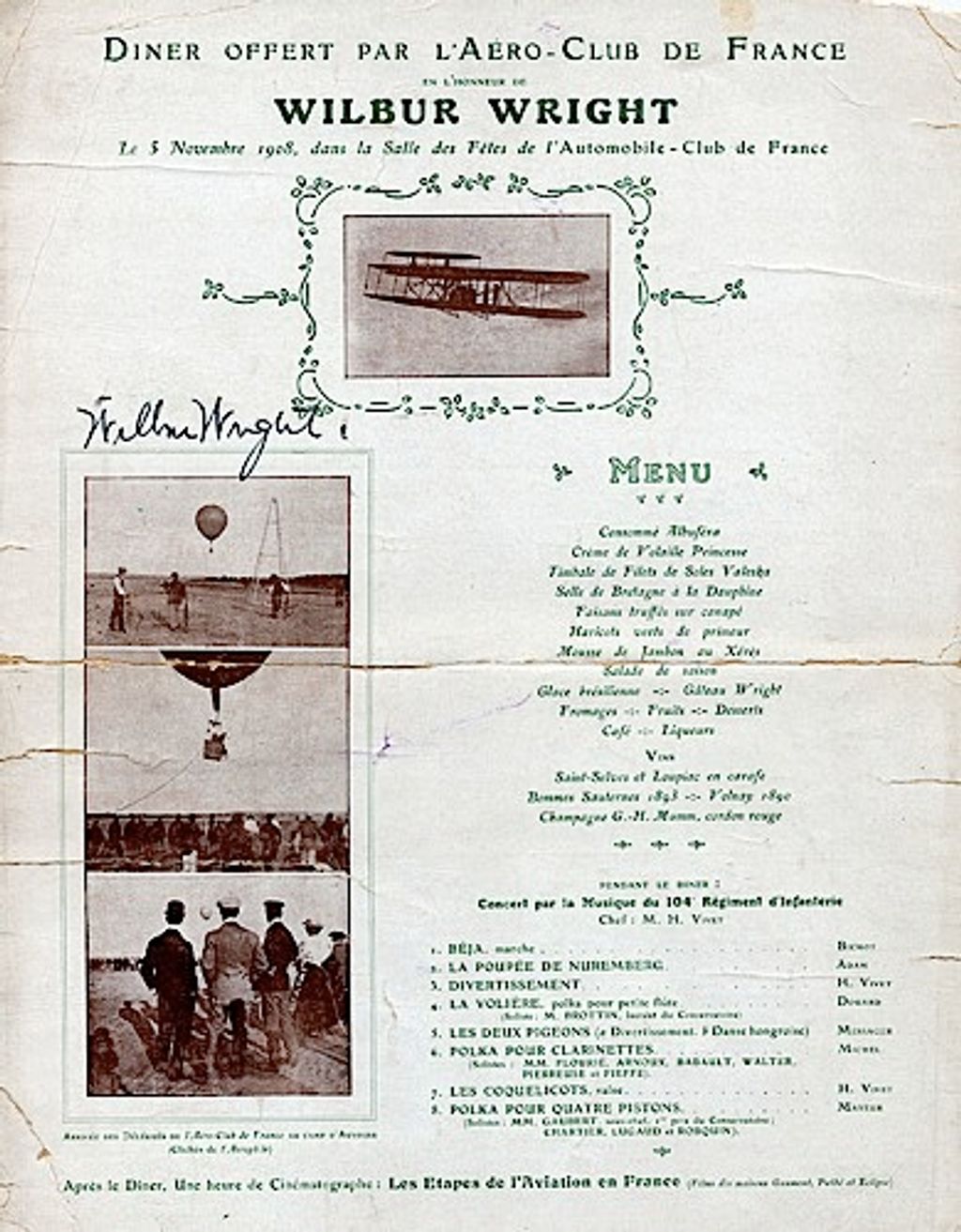 MENU POUR UN DINER OFFERT PAR L'AERO CLUB DE FRANCE EN L'HONNEUR DE ...