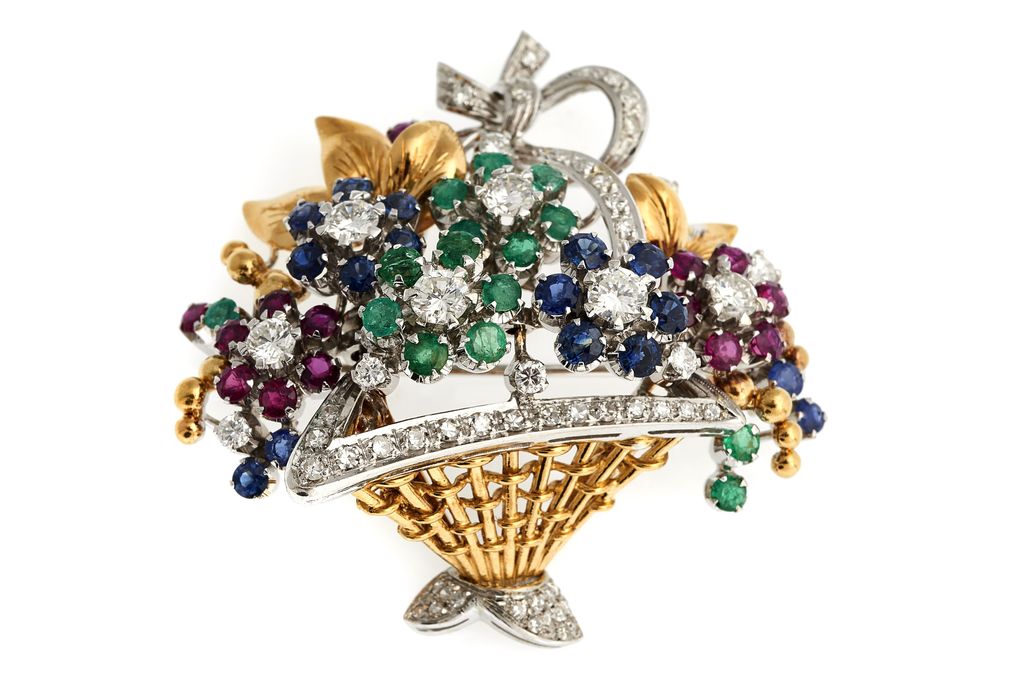 Broche Fantaisie Ancienne – Panier Fleuri En Laiton Doré – Occasion Bon état