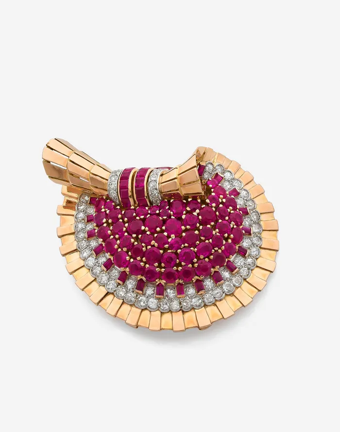 Clip De Corsage Ancien Avec Strass Rouge - Bijou Vintage - Occasion Bon état