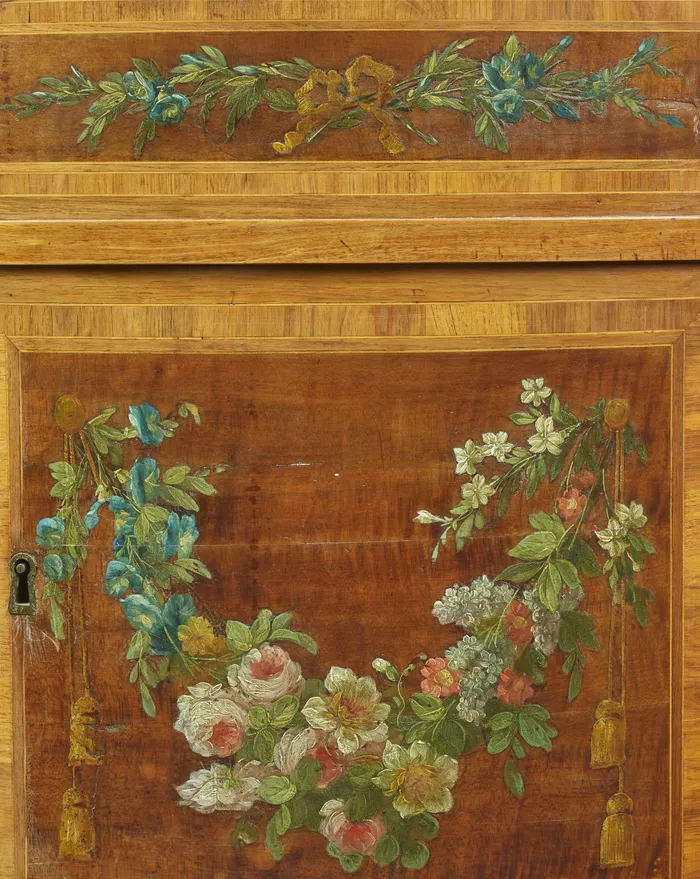 Commode Demi-lune Louis XVI Marqueterie Fleurs - Meuble XIXe, 97x100x80 Cm